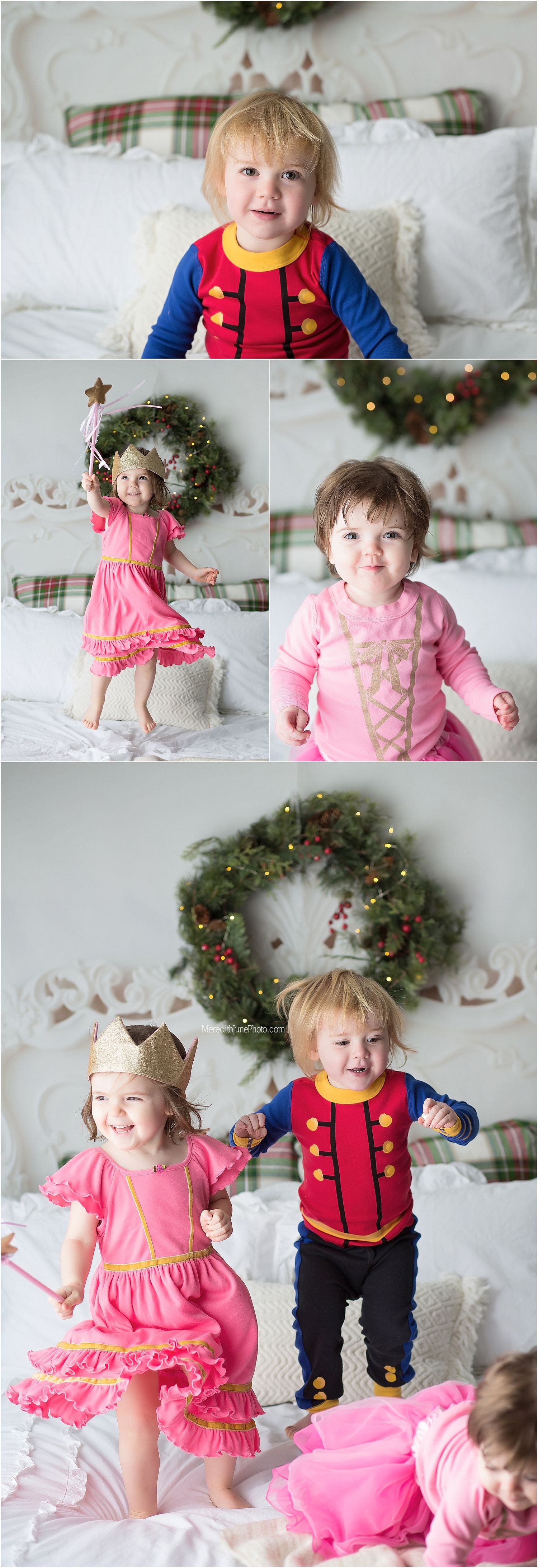 A collection of festive holiday photos showing siblings in pink dresses and navy outfits posing with Christmas wreaths and decorations.