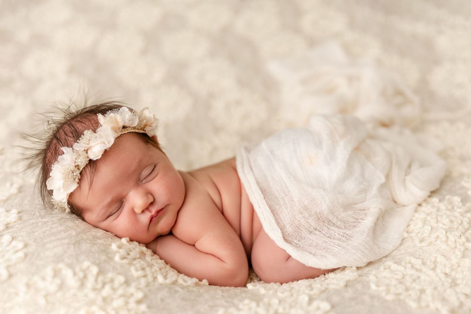 Sleeping newborn baby girl in a cream floral headband resting on a soft textured cream blanket during a newborn photography session.