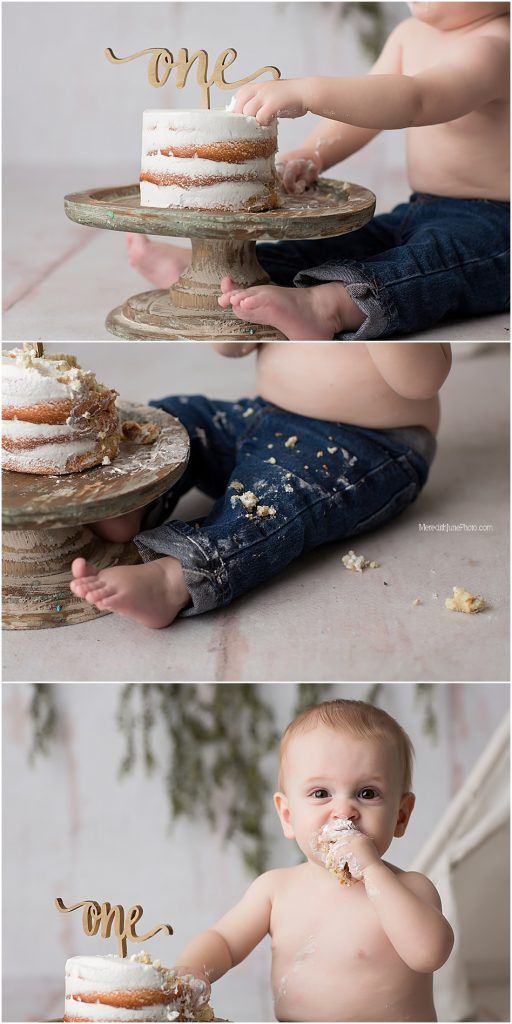 A cake smash photo collage showing a baby exploring and eating their first birthday cake on a rustic wooden stand.