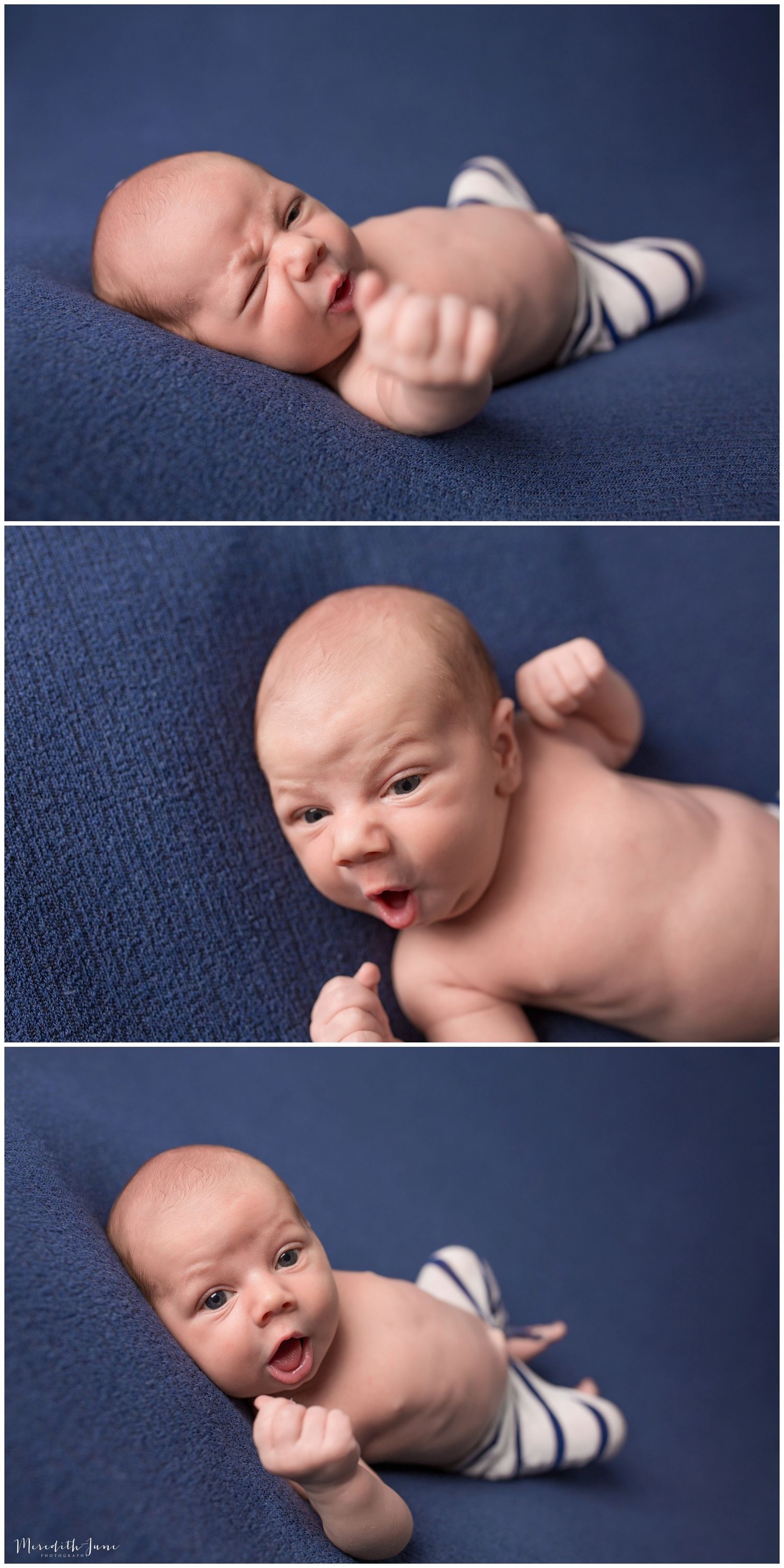 A newborn baby wearing striped leg warmers lies on a navy blue backdrop in various poses showing different expressions.