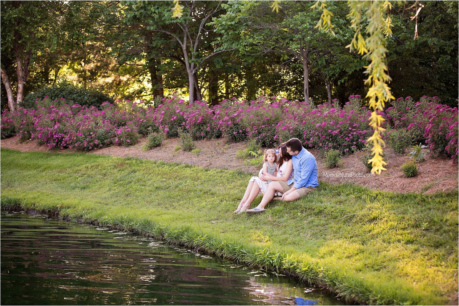People sitting on a grassy hillside near a pond surrounded by flowering bushes and trees at sunset.