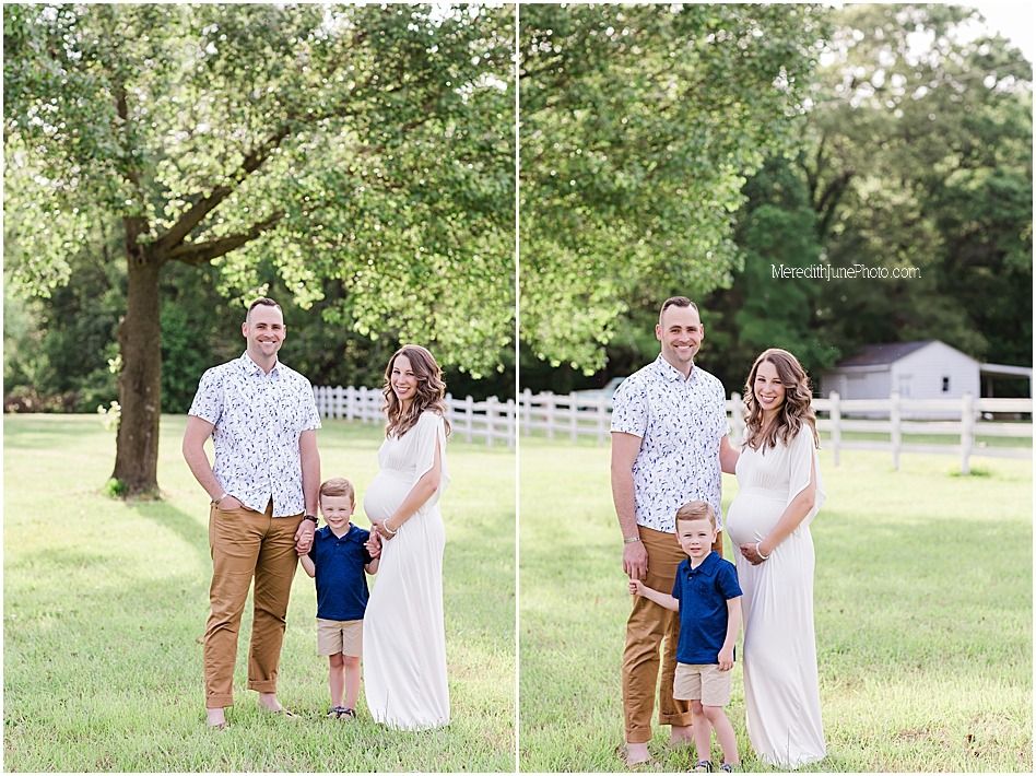 A series of outdoor family portraits taken in a grassy field with white fences and trees in the background.