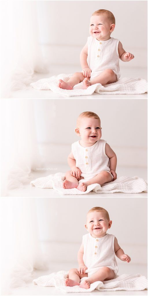 Three sequential photos showing a baby in white clothing sitting on light fabric against a neutral background.