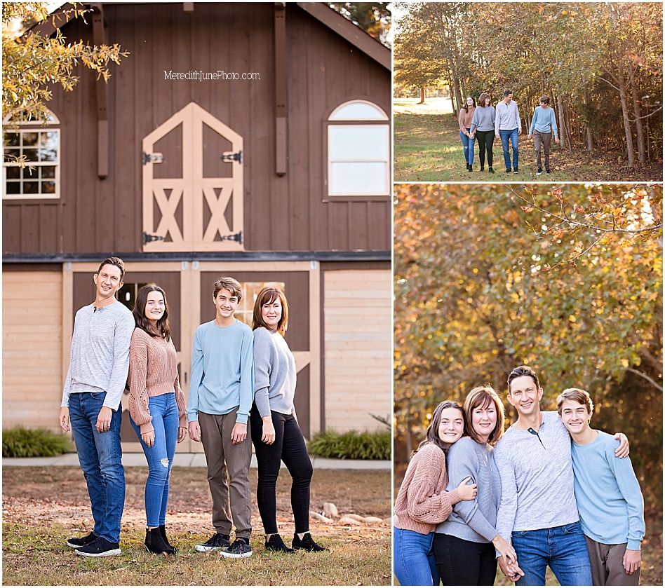 A series of casual outdoor family portraits taken against a rustic barn backdrop during autumn.