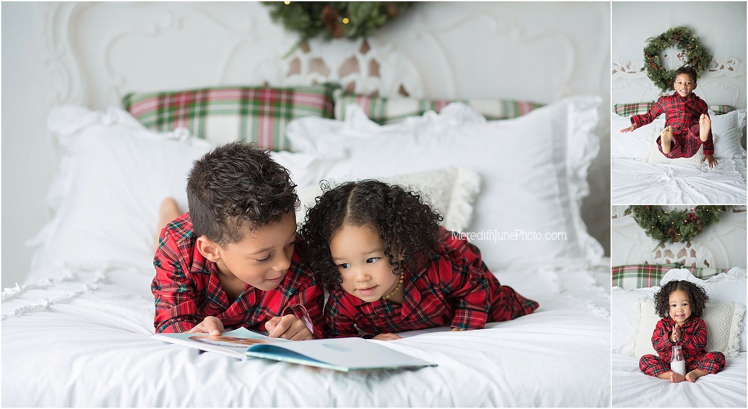Two children in matching red plaid pajamas read a book together on a white bed during a cozy holiday photo session.