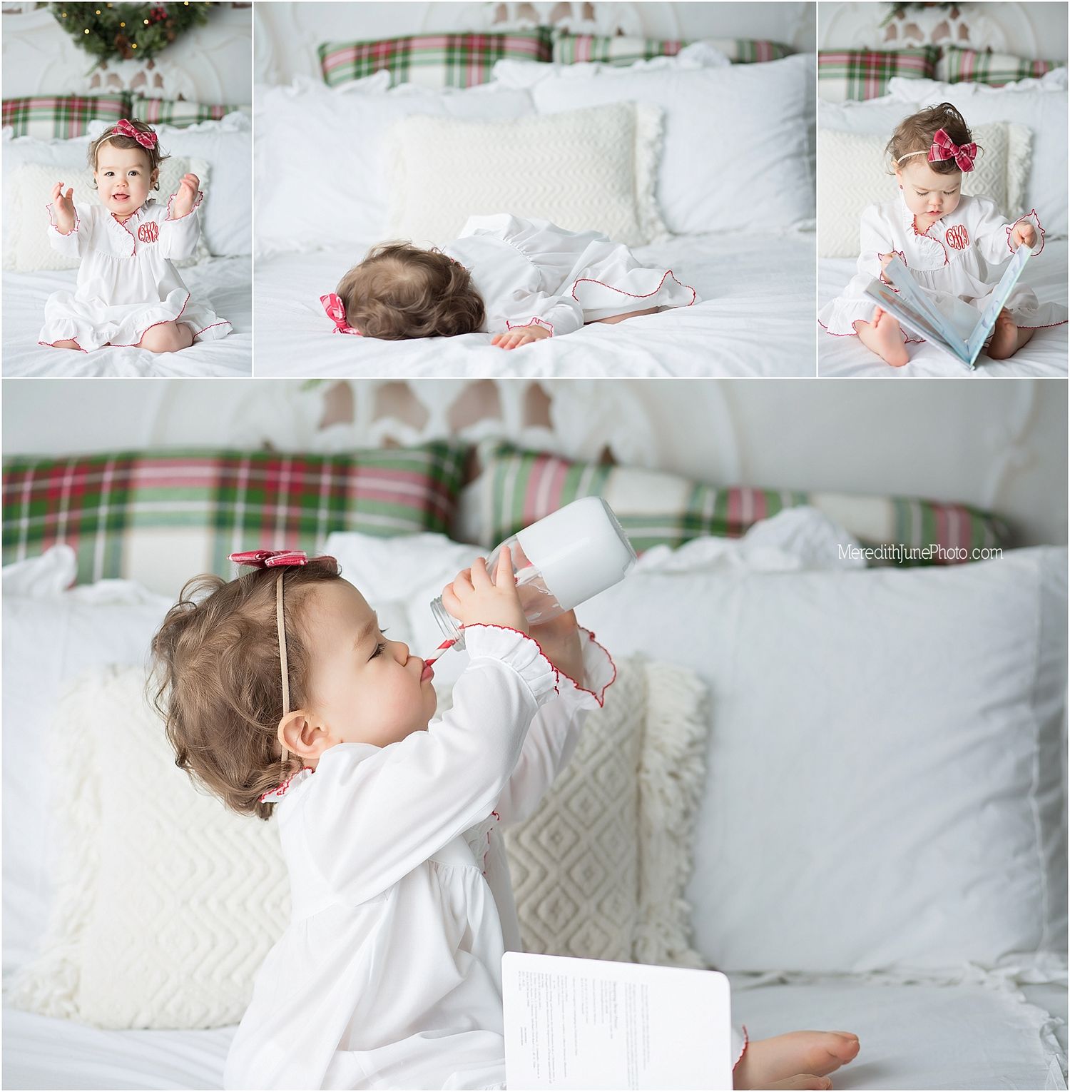 A sleeping baby wrapped in white bedding lies peacefully on soft pillows and blankets.