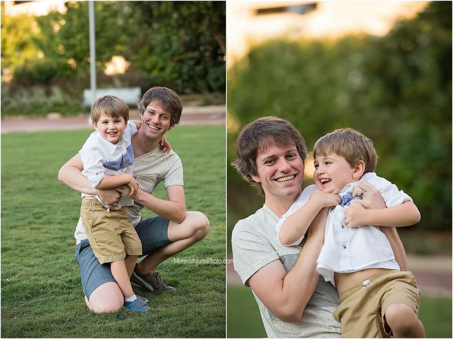 Candid outdoor portraits capturing playful moments between parent and child on a grassy lawn at sunset.
