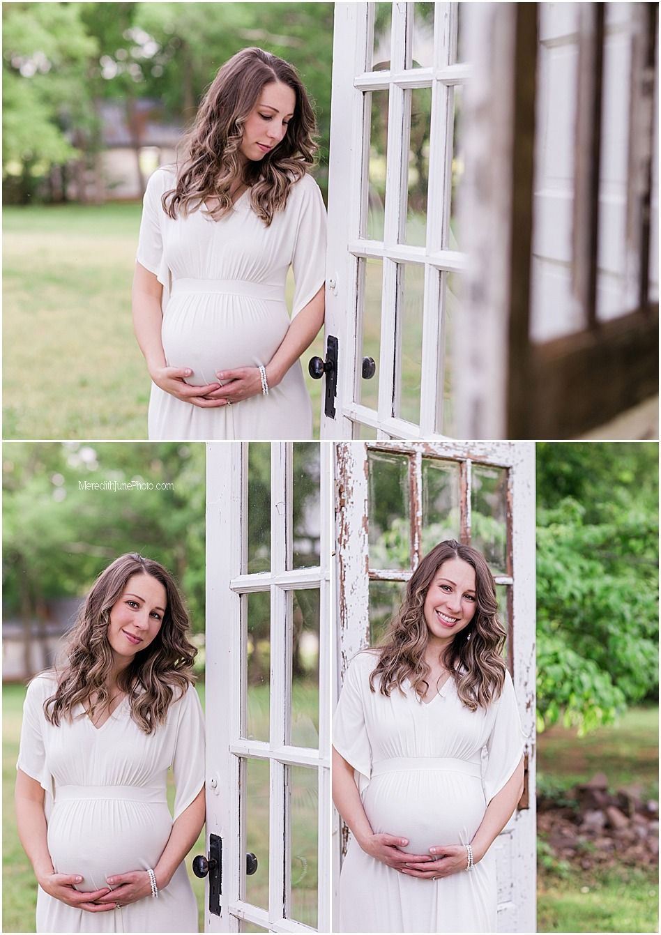 Maternity photoshoot in a white dress against a rustic white pergola with lush greenery in the background.