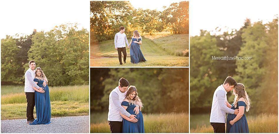 Romantic couple's maternity photography session in a sunlit meadow during golden hour.