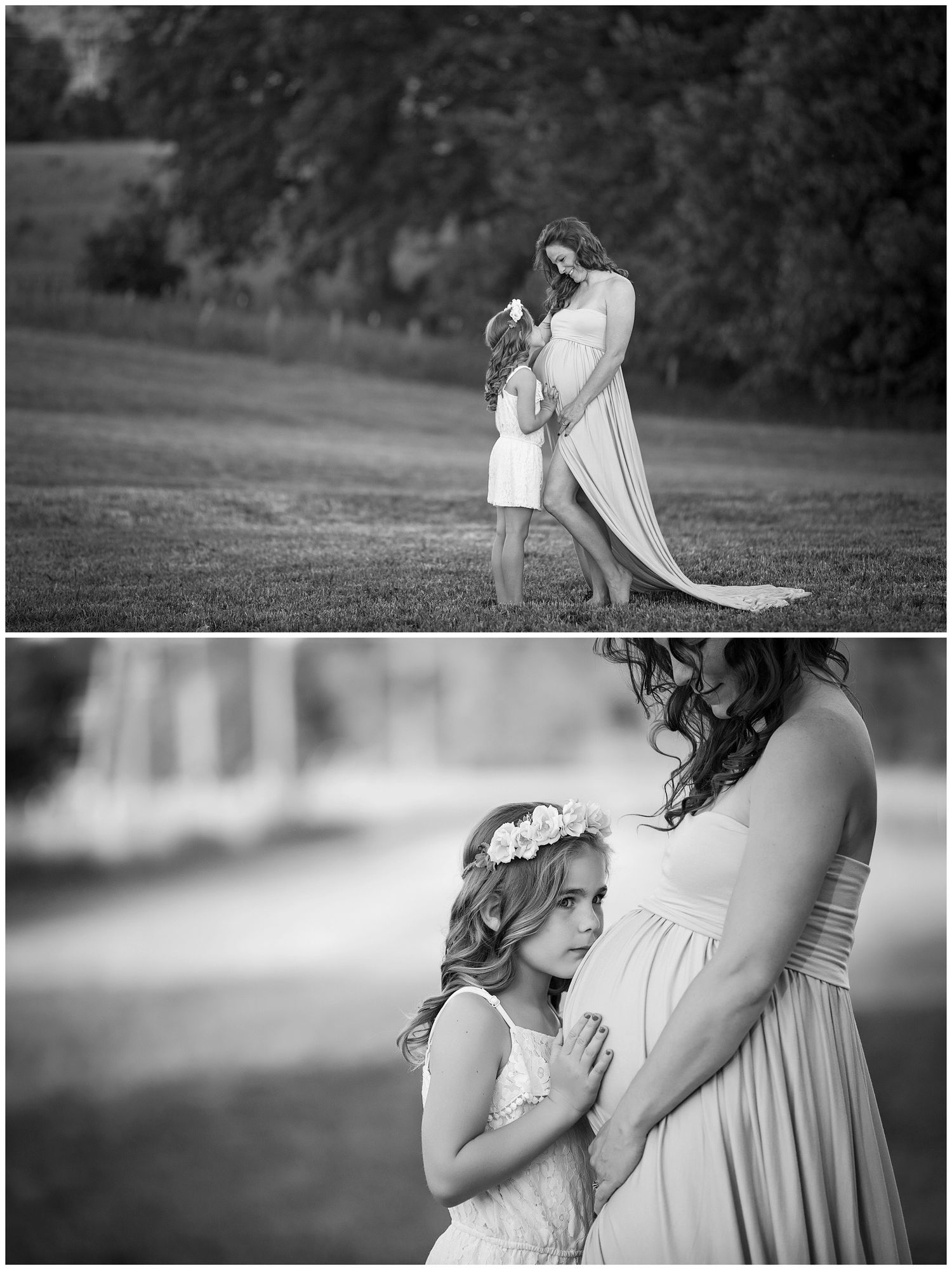 Black and white maternity photo series showing tender moments between mother and daughter in an outdoor setting.