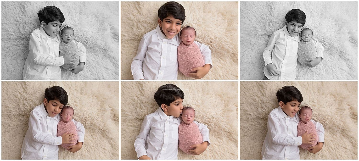 A series of tender black and white newborn photography poses showing gentle parent and baby interactions on soft textures.