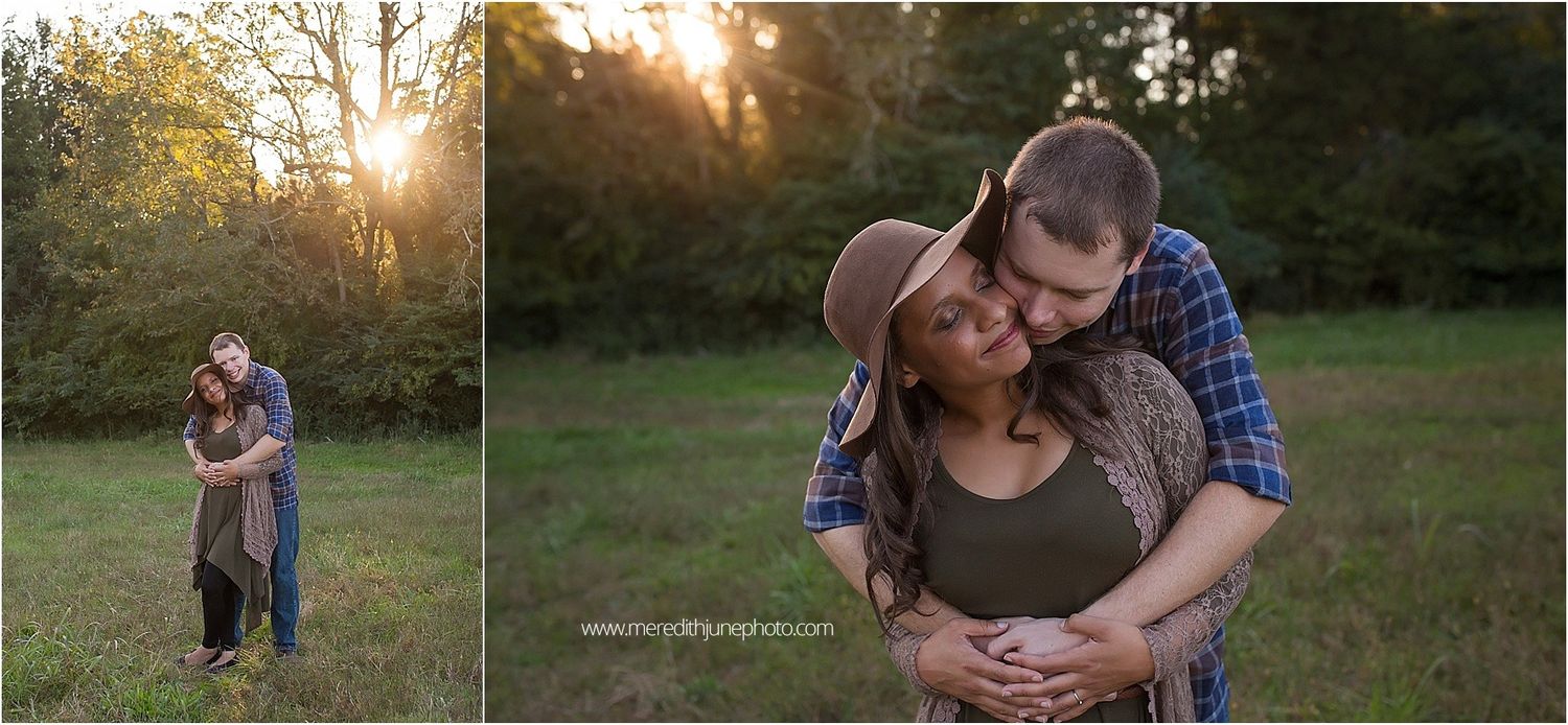 Candid family photoshoot in a rustic outdoor setting during golden hour.