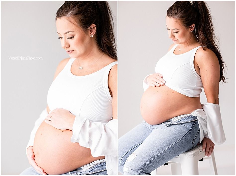 A series of maternity photos showing a pregnant woman in white against a light background.