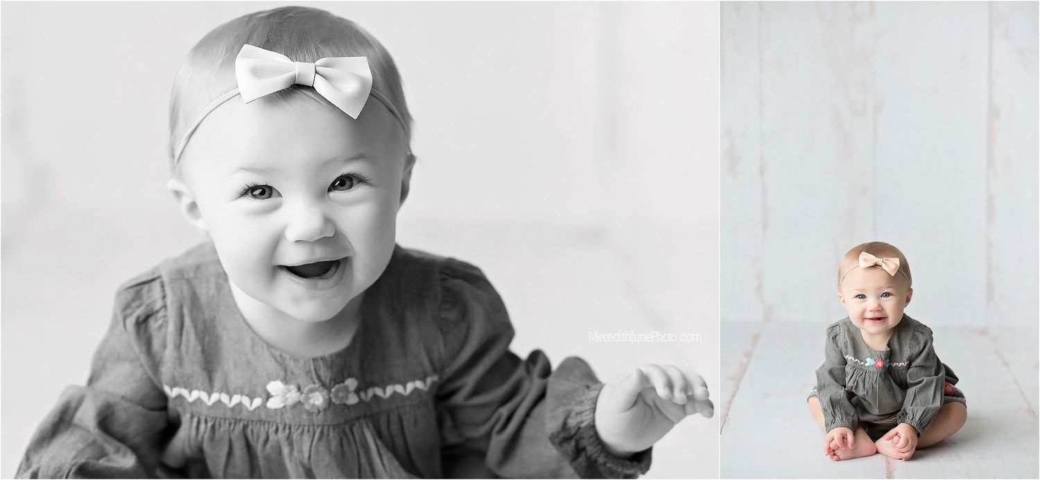 A series of black and white milestone photos showing a baby's growth and development during their first year.