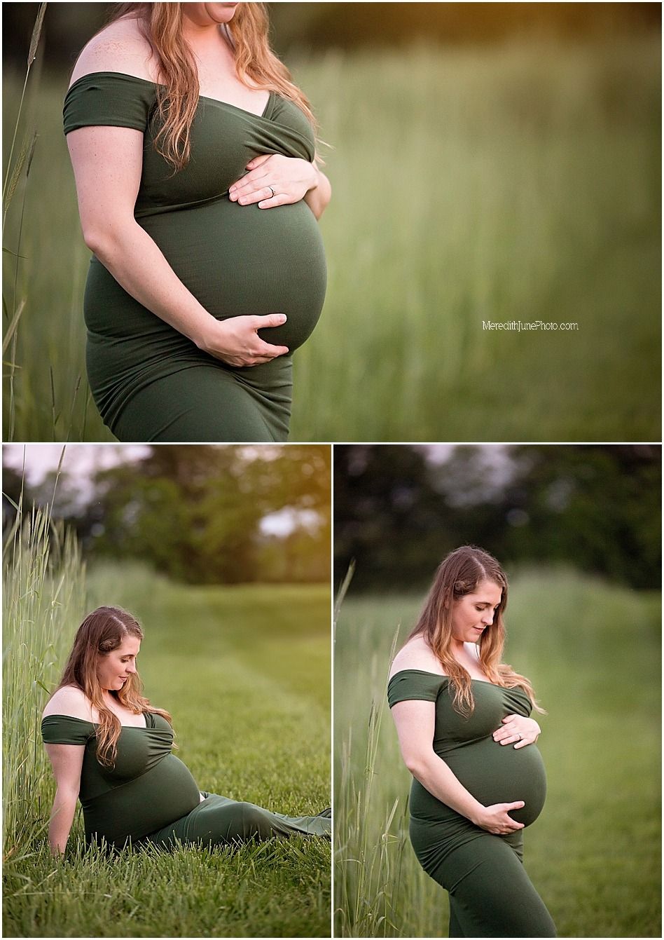 A maternity photoshoot in a green field shows a woman in an olive dress cradling her baby bump at sunset.