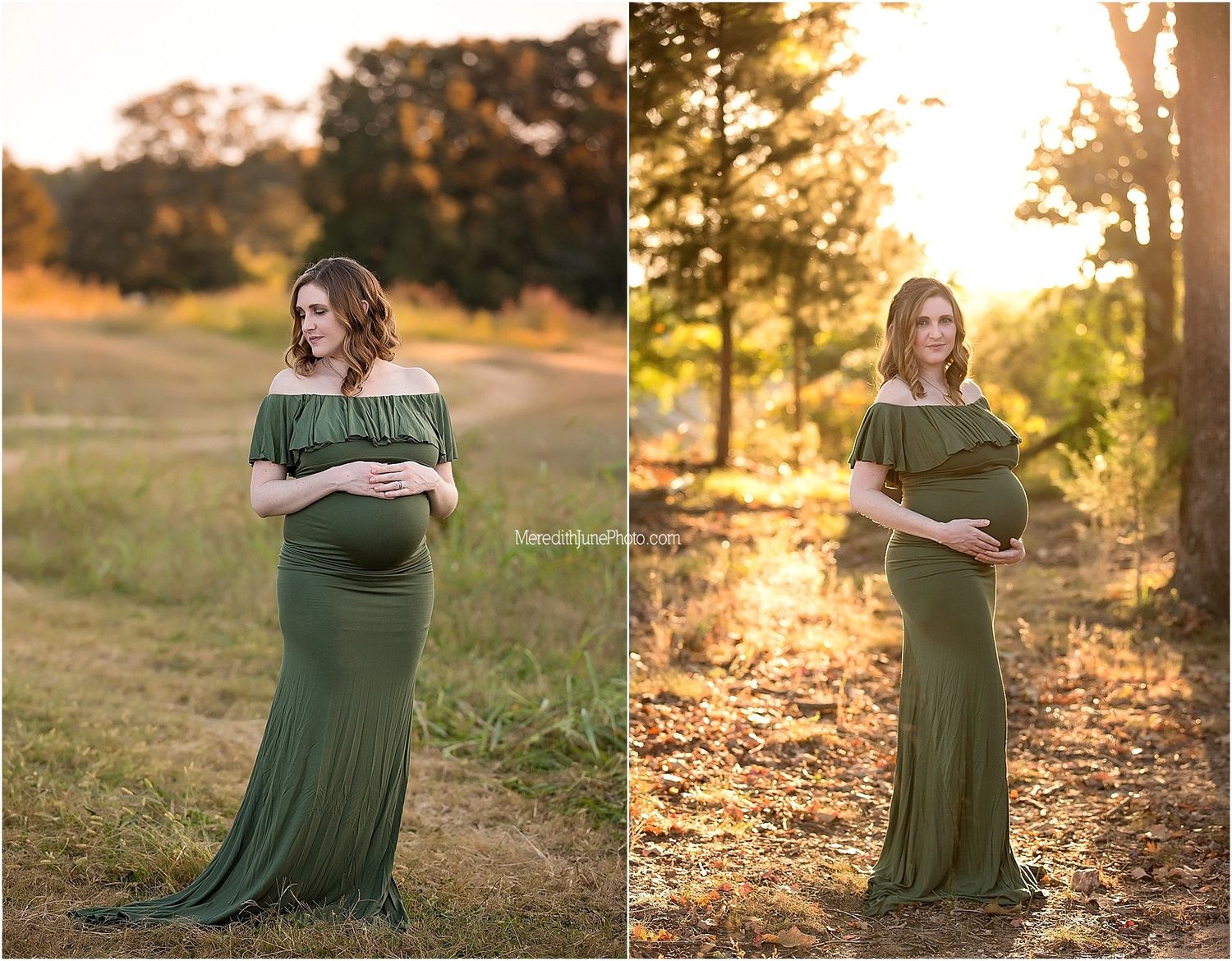 A flowing olive green dress photographed in a series of poses during golden hour sunset in an outdoor setting.