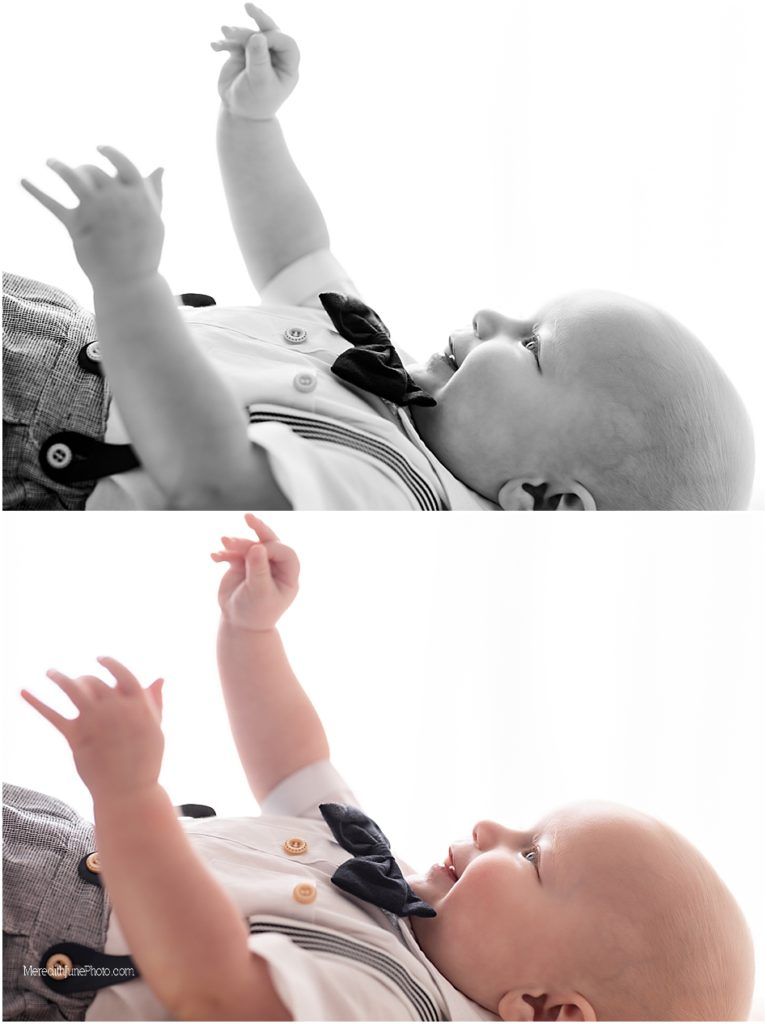Black and white double image of a baby lying down with arms raised reaching up toward the sky.