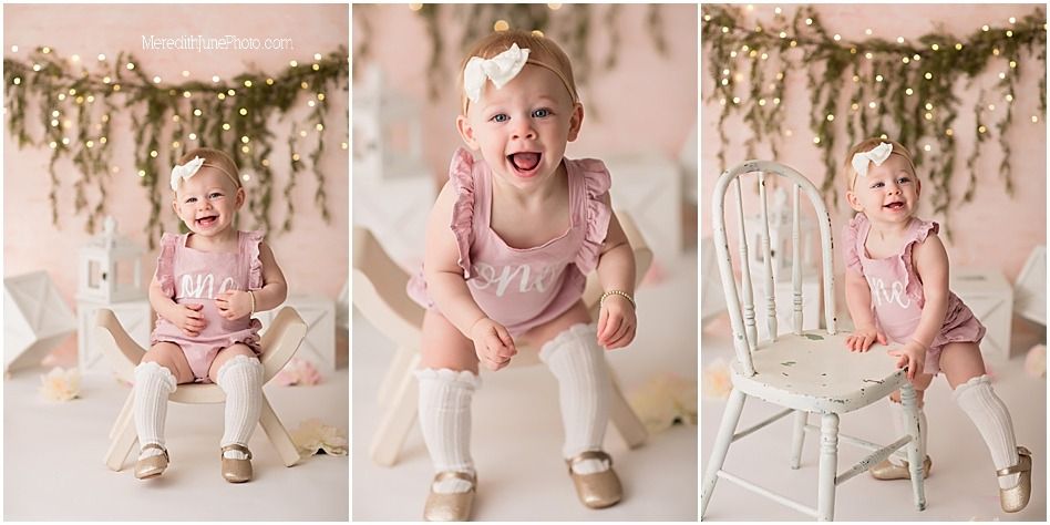 Three photos of a joyful toddler in a pink dress sitting on a white chair with floral garland backdrop.