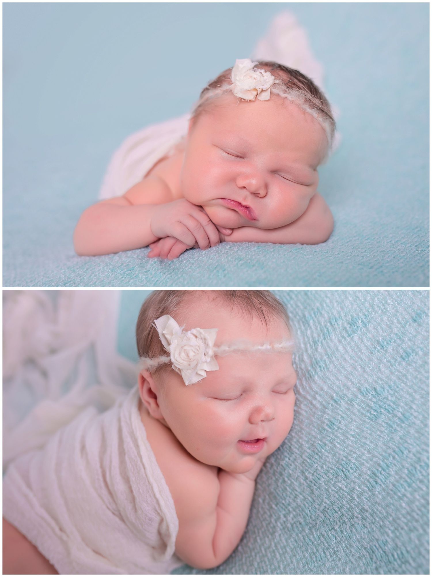 Artistic newborn portraits on light blue background with white lace headband accessories.