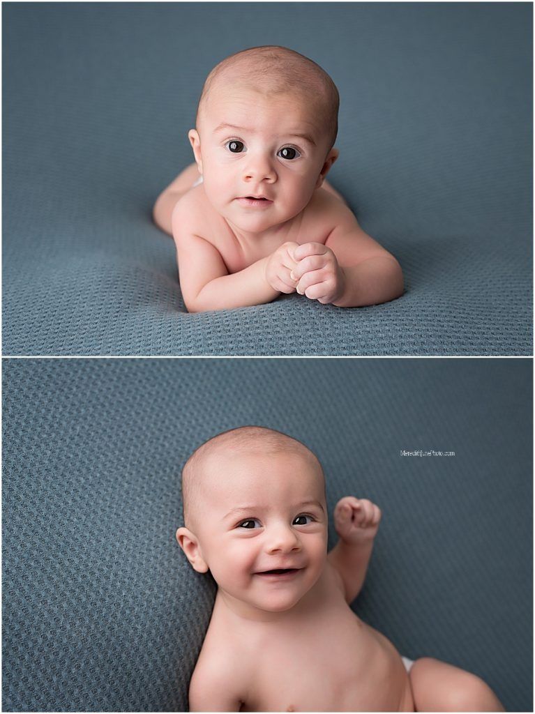 Professional newborn baby photography collection showing multiple poses on blue-grey textured backdrop.