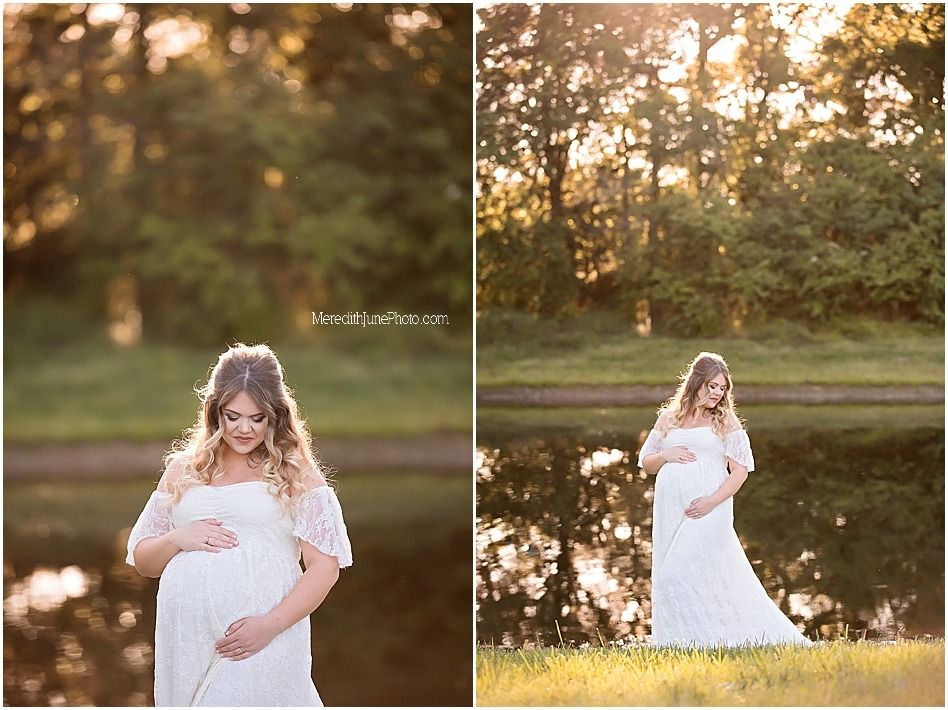 Ethereal maternity photo session in a golden sunset field with flowing white dress and natural backlight.