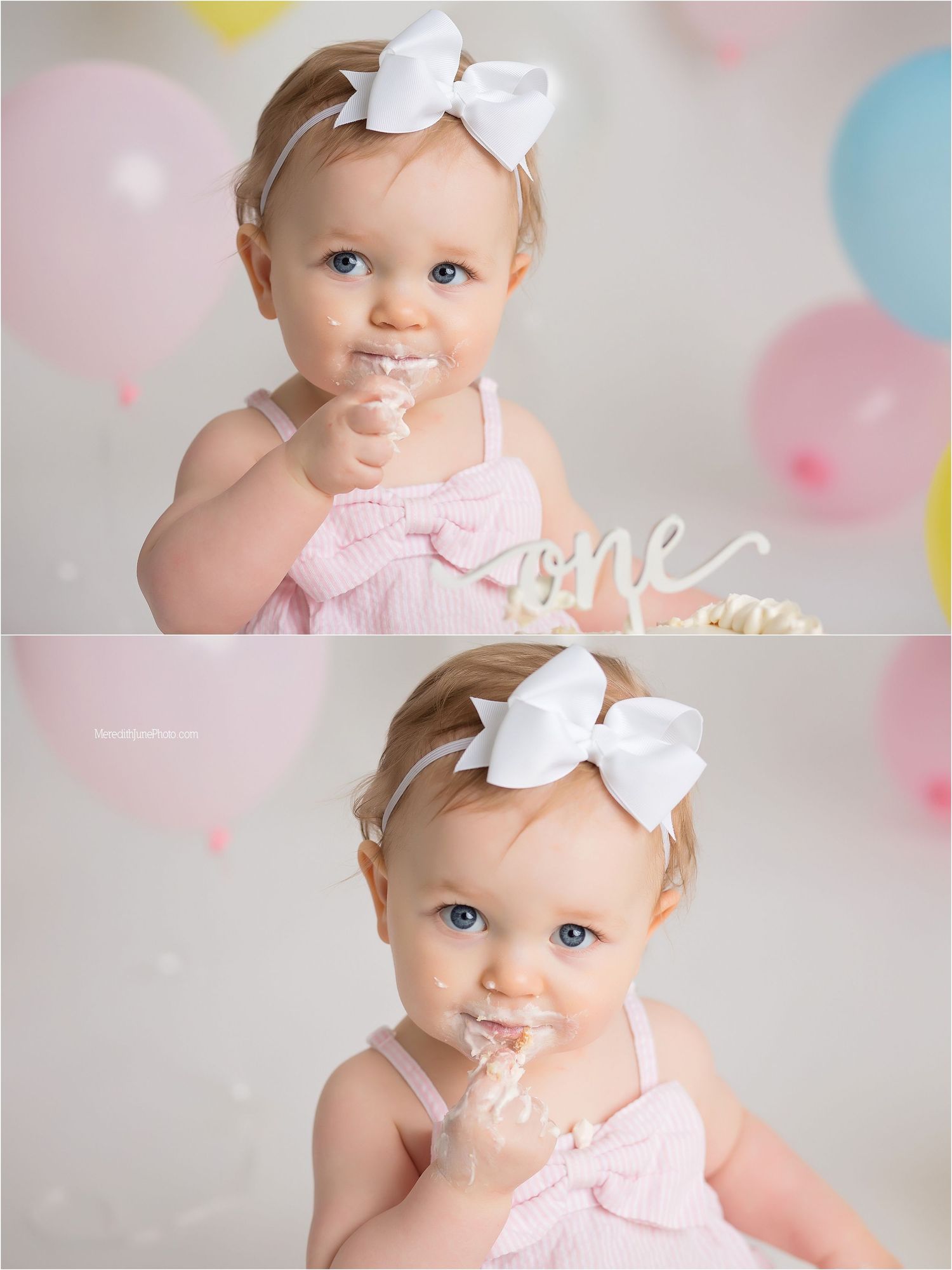 Sweet first birthday photo session with pastel balloons and decorations in soft pink and blue tones.
