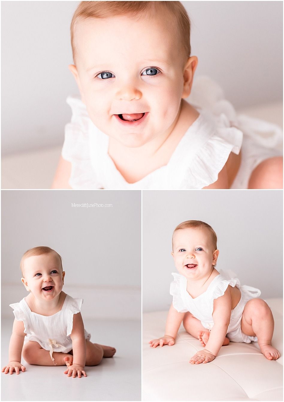A collection of heartwarming photos showing a baby in white clothing crawling and sitting on a light-colored backdrop.