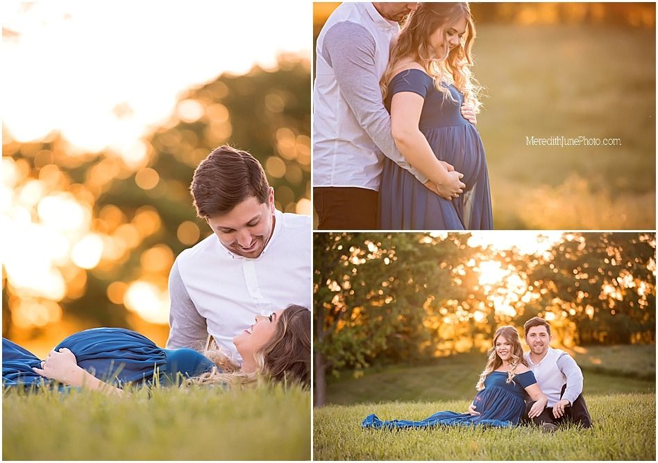 A maternity photoshoot in a grassy field at golden hour captures intimate moments during sunset.