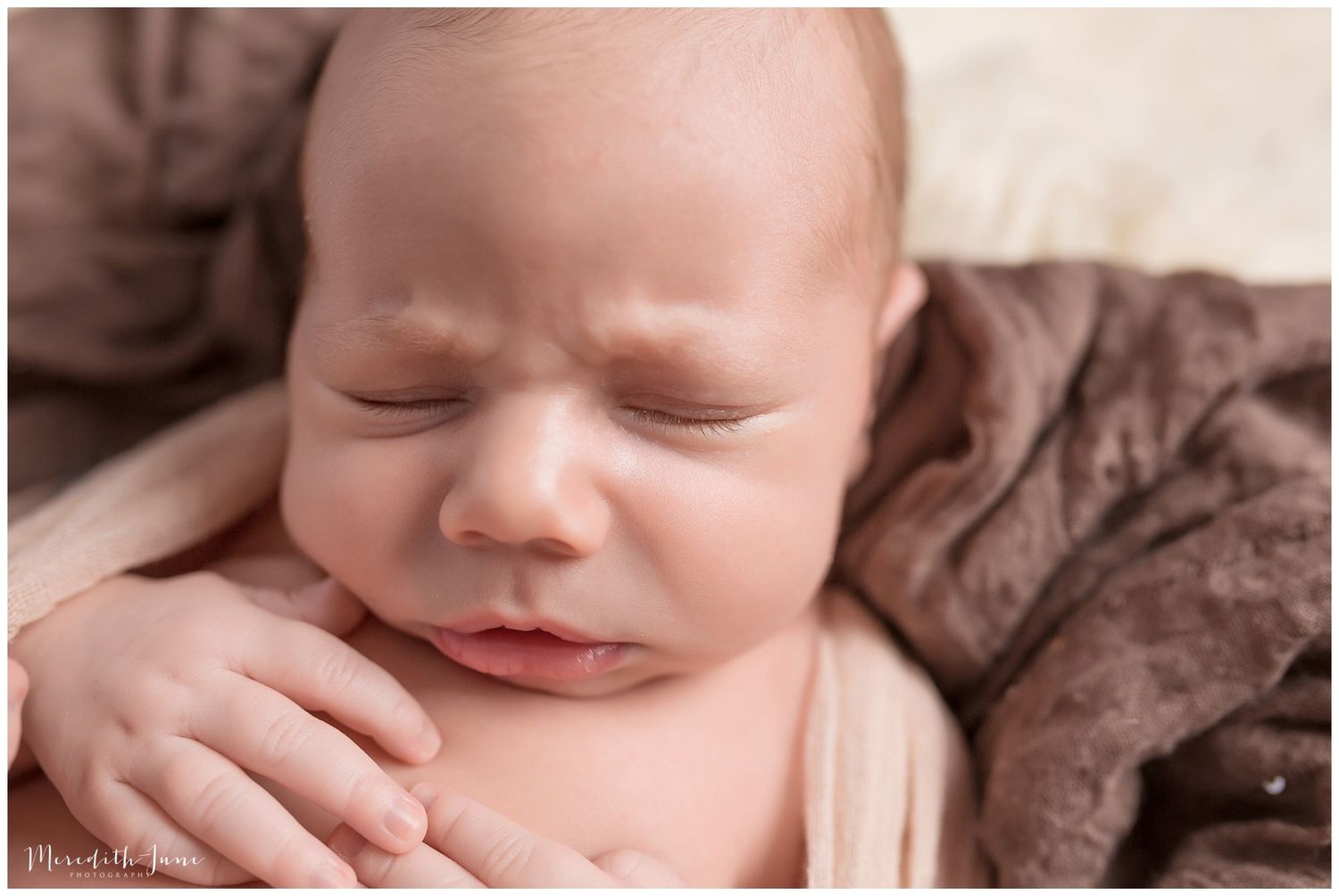 Close-up newborn photography collection showing peaceful sleeping baby expressions and gentle hand details.
