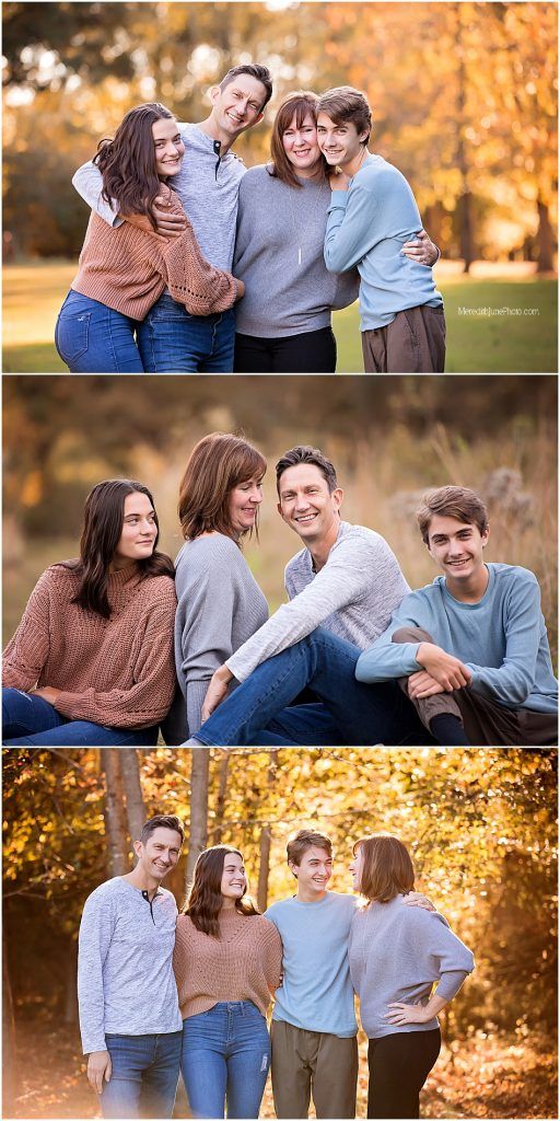 A collection of casual family portraits taken outdoors during golden hour in autumn.
