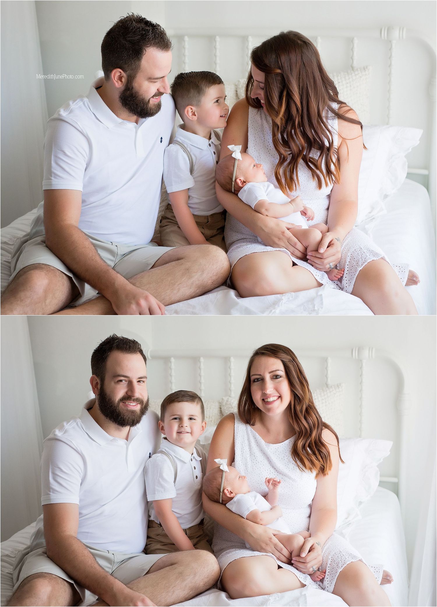 A family of four wearing white sits together on a bed, sharing tender moments in two similar poses.
