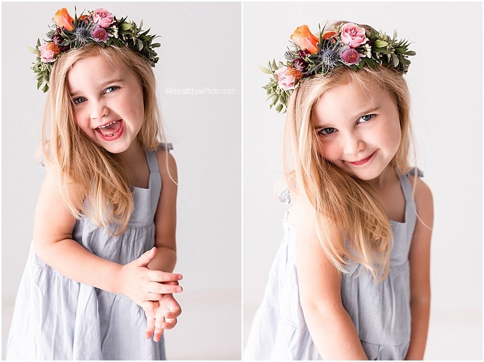 A series of portraits showing someone wearing a floral crown and gray dress against a white background.