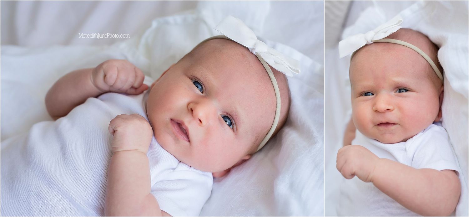 A series of eight photos showing a sleeping baby in white clothing against a light background.