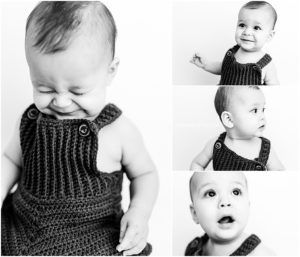 A series of black and white photographs showing a baby wearing a knitted turtleneck sweater making various playful expressions.