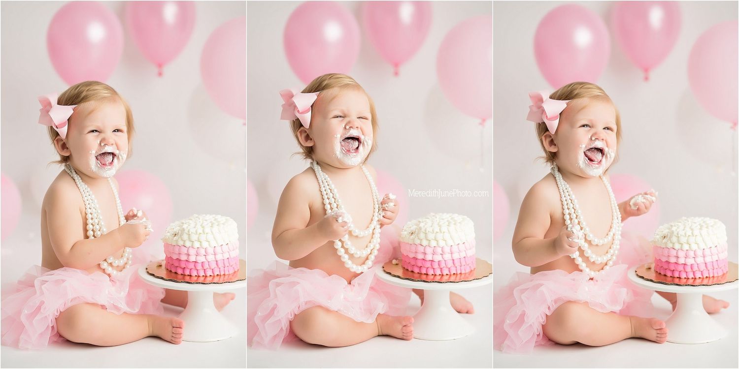 Series of pink-themed cake smash photos showing a progression of expressions and cake exploration.