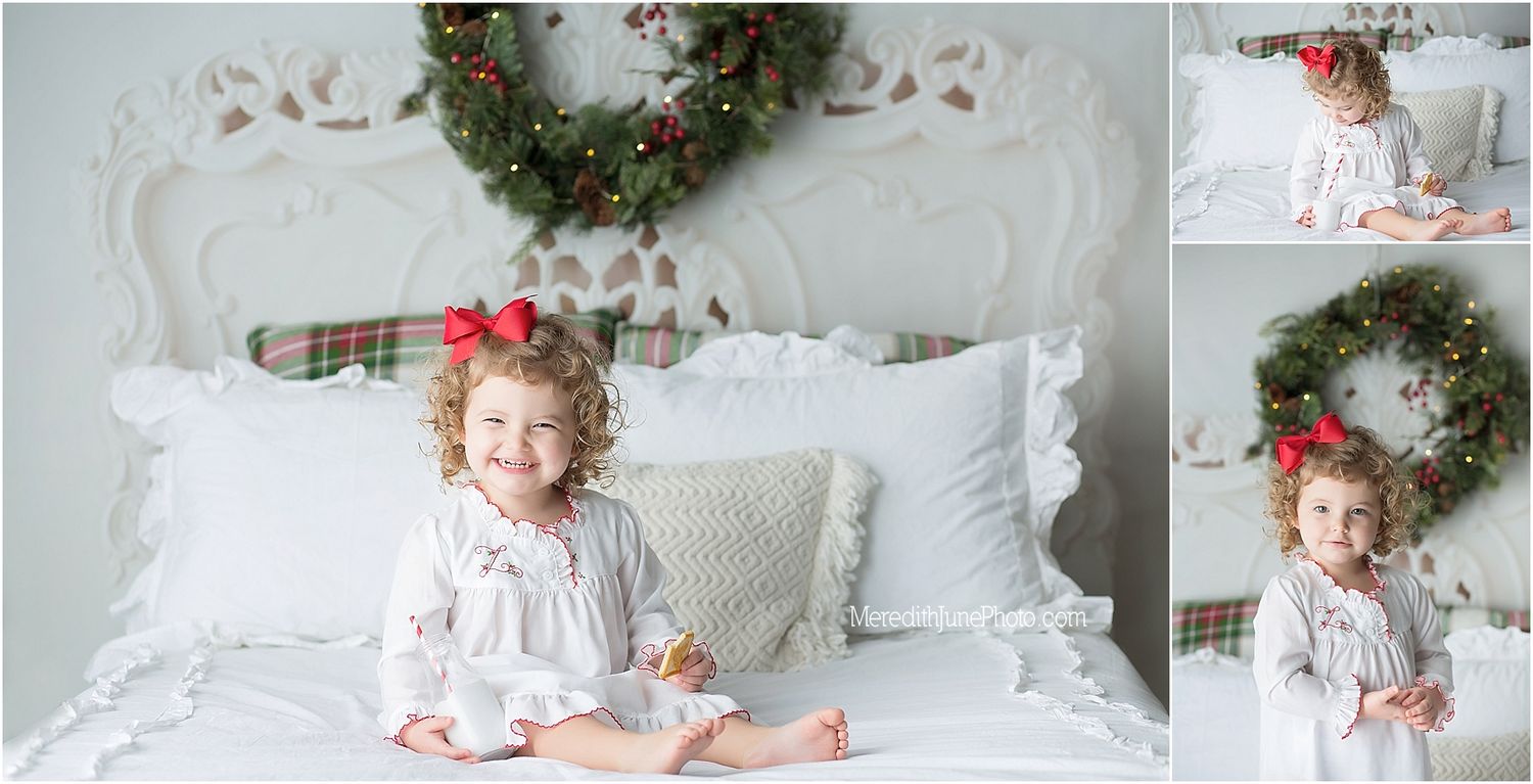 A series of festive holiday photos featuring a white bed decorated with Christmas wreaths and red bows.