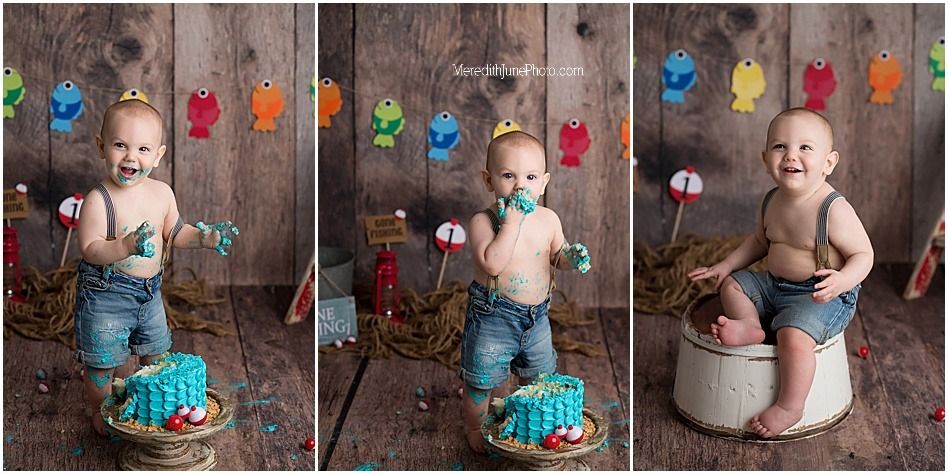 Collection of cake smash photos showing progression of baby enjoying birthday cake with fishing theme.