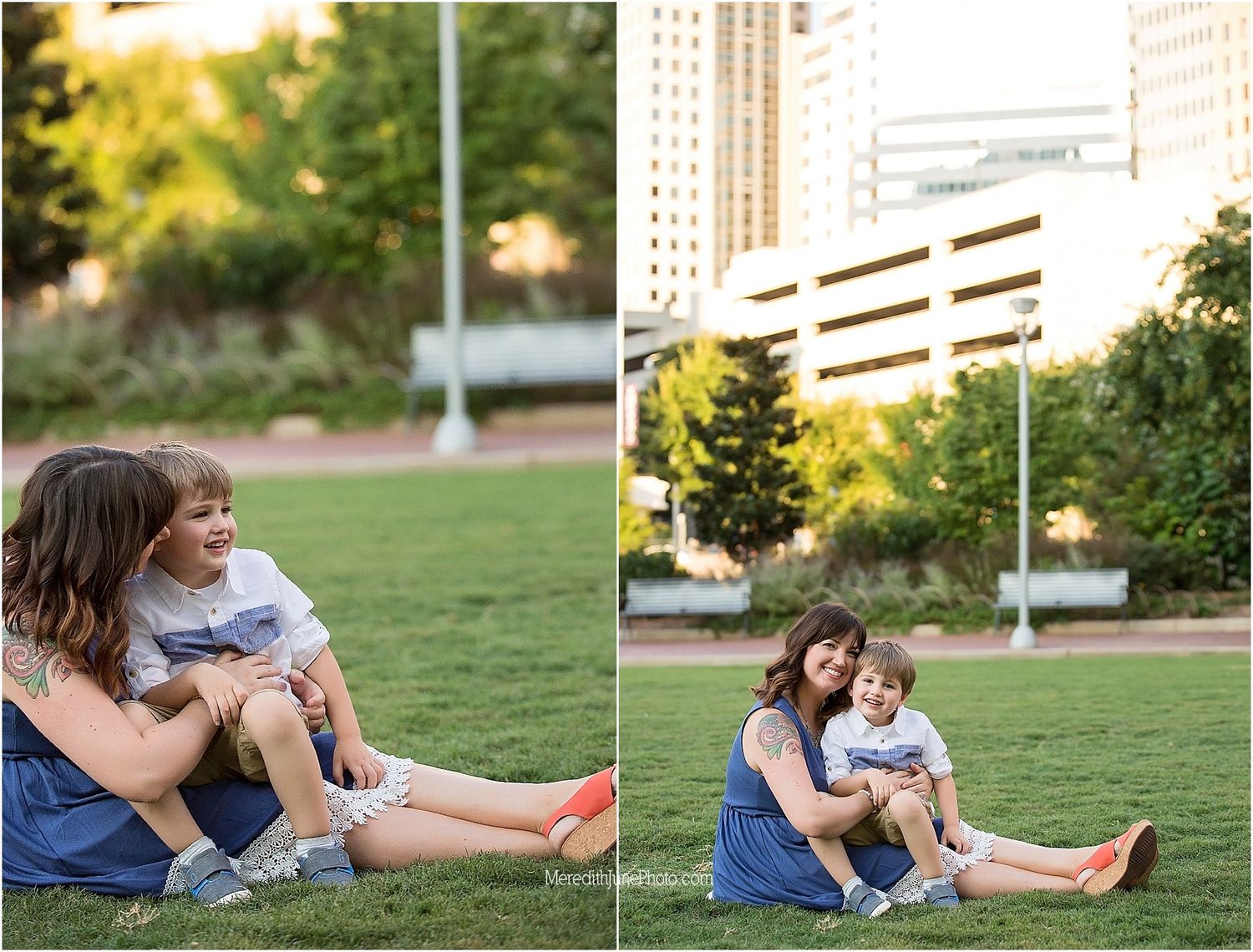 Candid lifestyle photos of family members lounging on grass at sunset.
