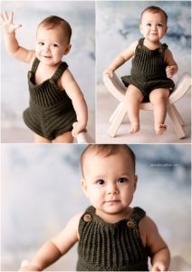 A baby wearing a brown knit romper poses against a soft cloudy backdrop in a series of sweet portraits.