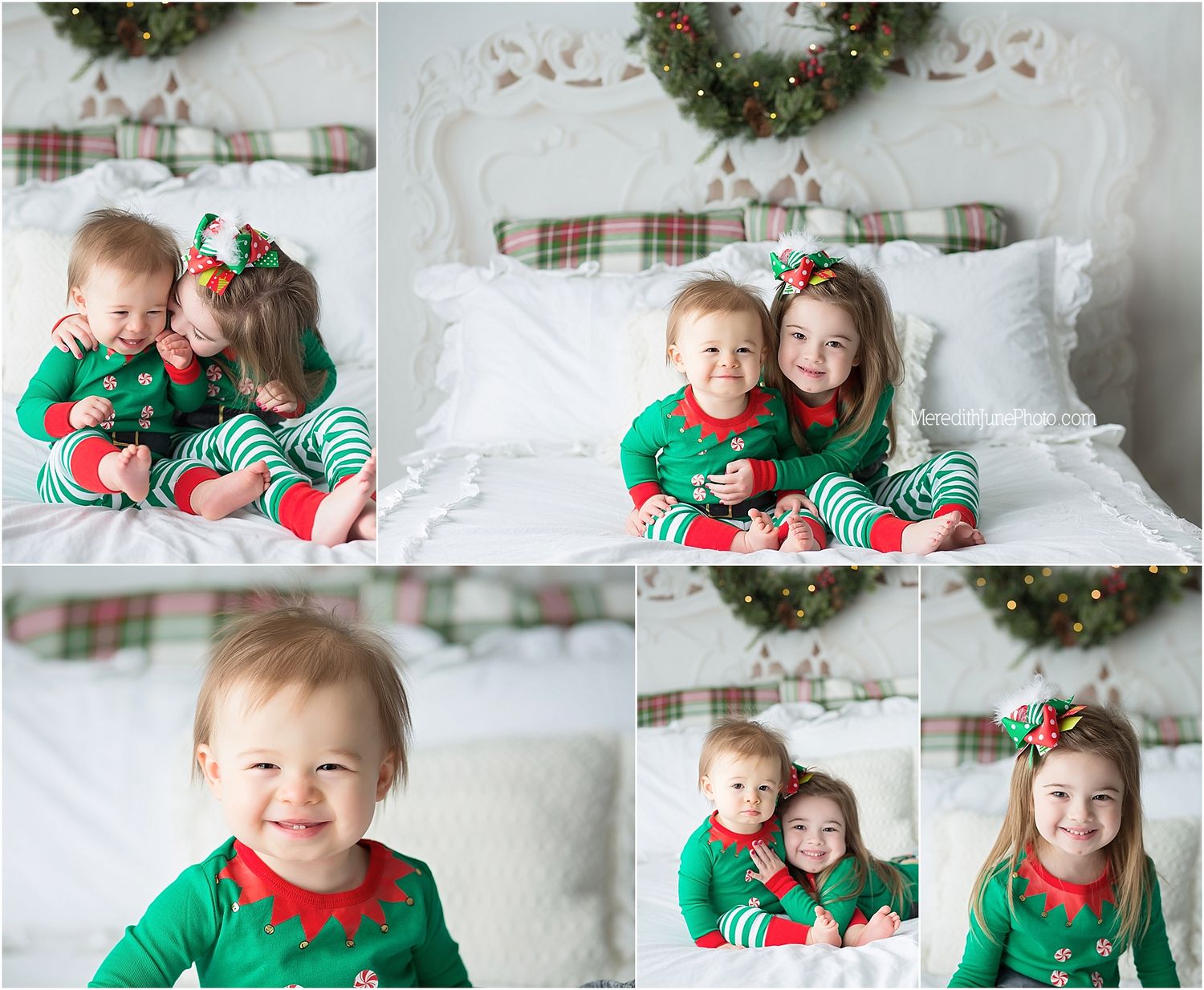A festive holiday photo collage with matching green and red outfits against a white backdrop with Christmas wreaths.