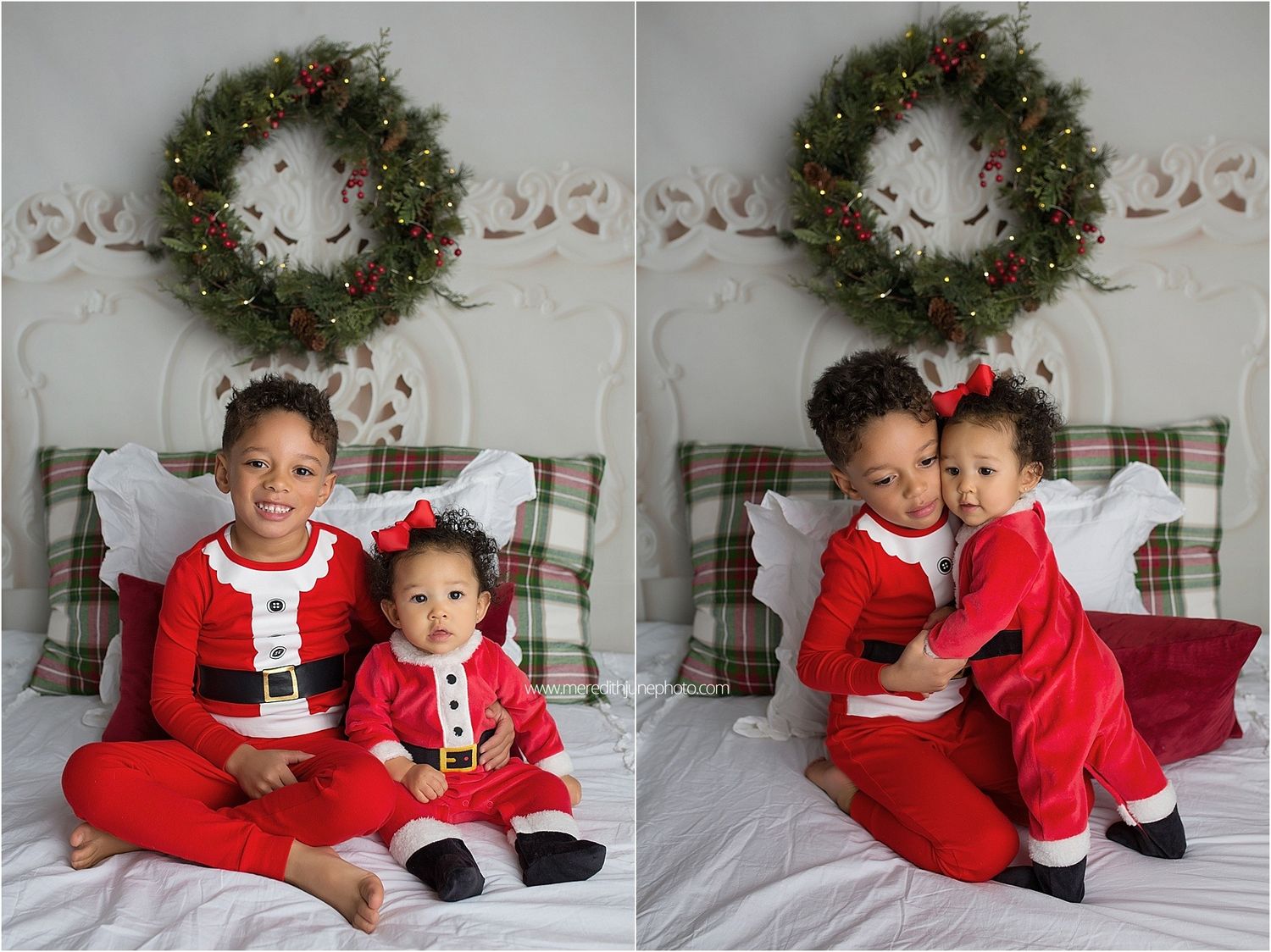 A series of holiday photos showing people in red Christmas pajamas posing with a festive wreath decoration.