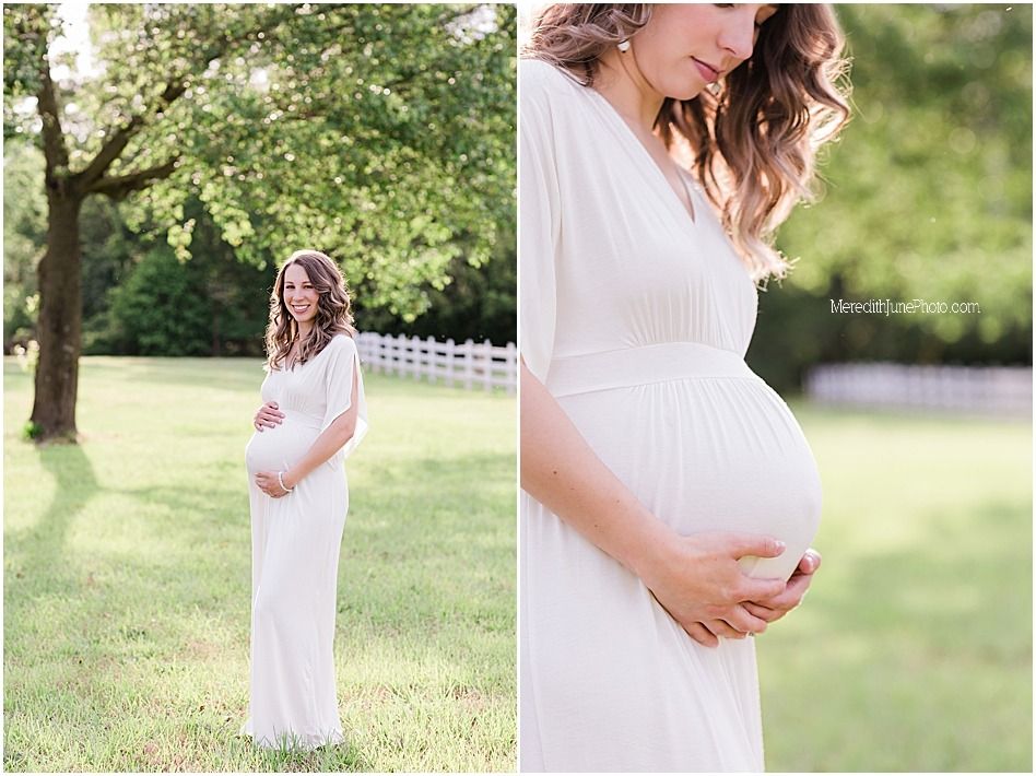 A series of maternity photos showing a person in a flowing white dress standing in a sunlit outdoor setting.