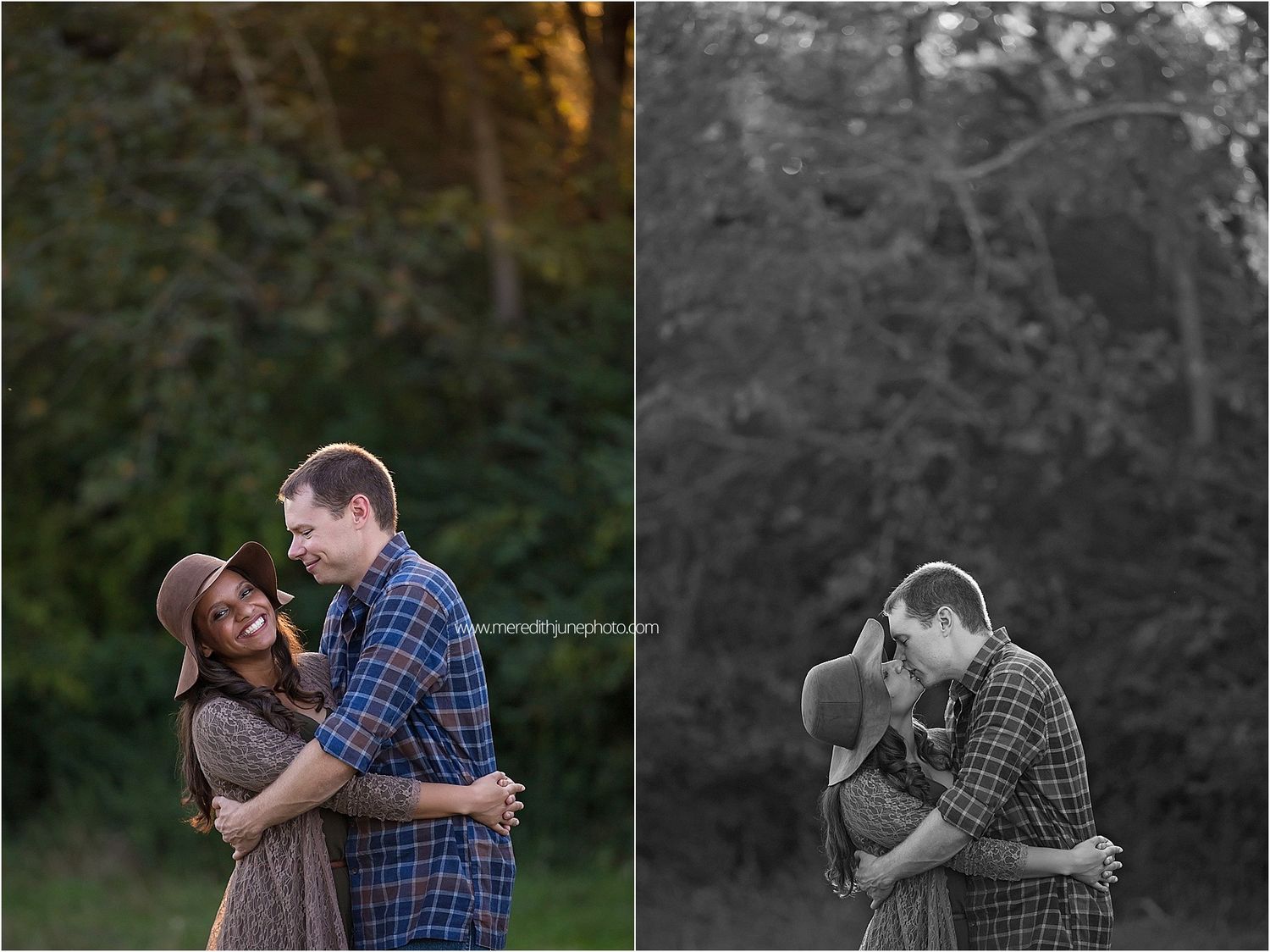 A romantic couple's photo sequence showing tender moments and embraces in an outdoor setting during autumn.