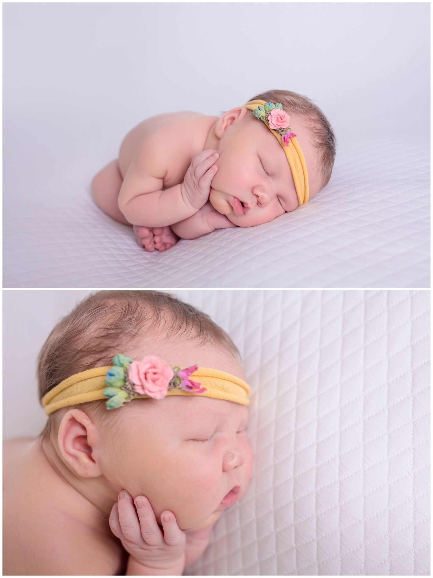 Sleeping newborn baby wearing yellow headband with pink flowers on white textured bedding in artistic poses.