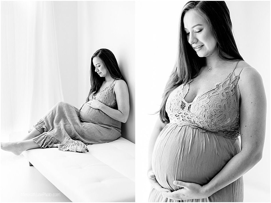 A series of maternity photos showing a pregnant woman in soft, intimate poses on a bed wearing casual clothing.
