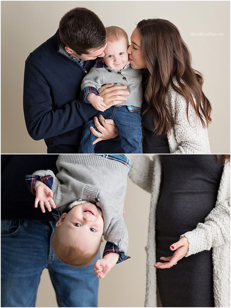 A collection of intimate family photos showing tender moments between parents and baby against a neutral background.