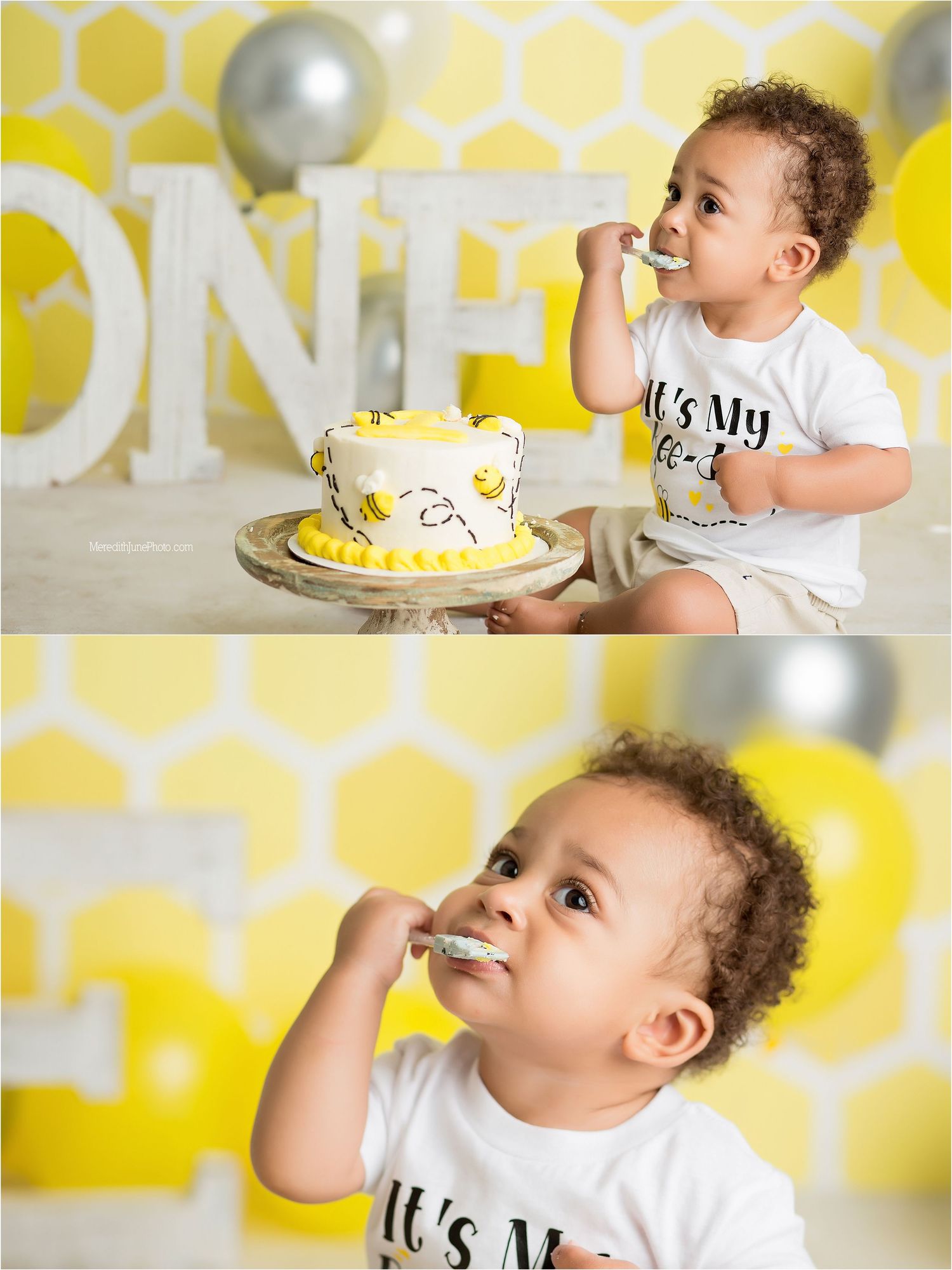 Baby in white shirt enjoying first birthday cake smash photo session with yellow honeycomb backdrop.
