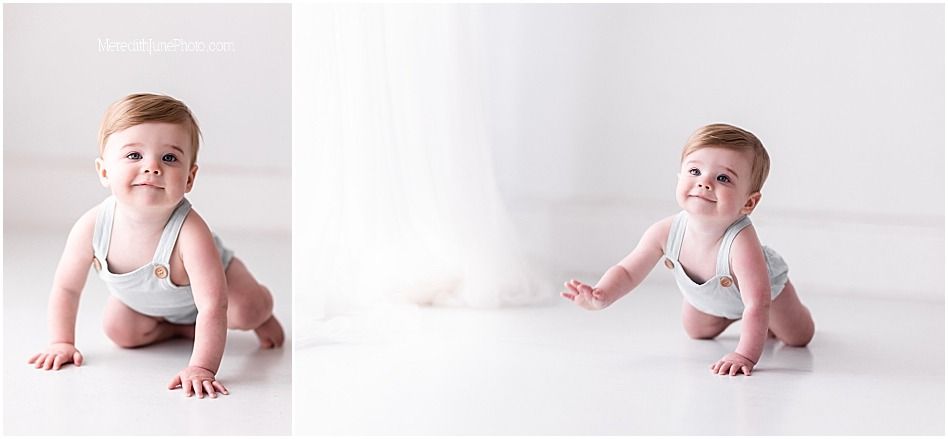 Series of photos showing a baby sitting and crawling on a light colored floor.