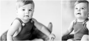 A series of black and white portraits capturing different expressions and poses of an infant.