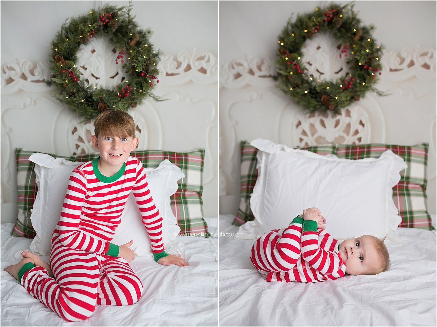 Christmas photo series showing red and white striped holiday pajamas against white bedding and festive wreath decor.